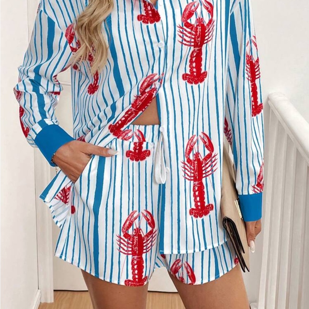 Lobster Print Striped Shirt And Shorts Set